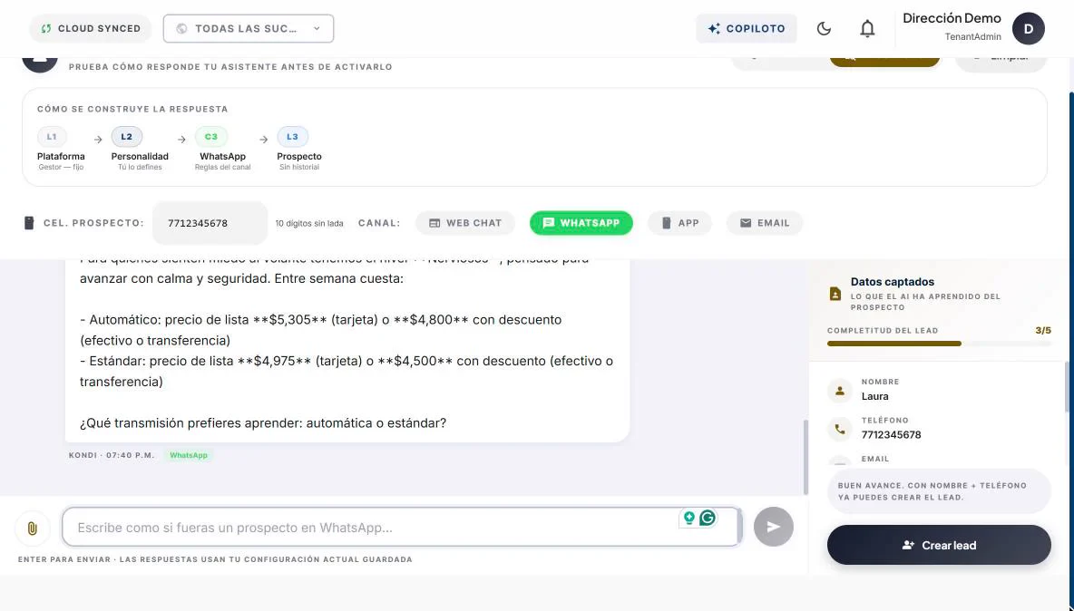 Laboratorio de IA: el agente contesta a una prospecta y a la derecha muestra los datos que ya captó