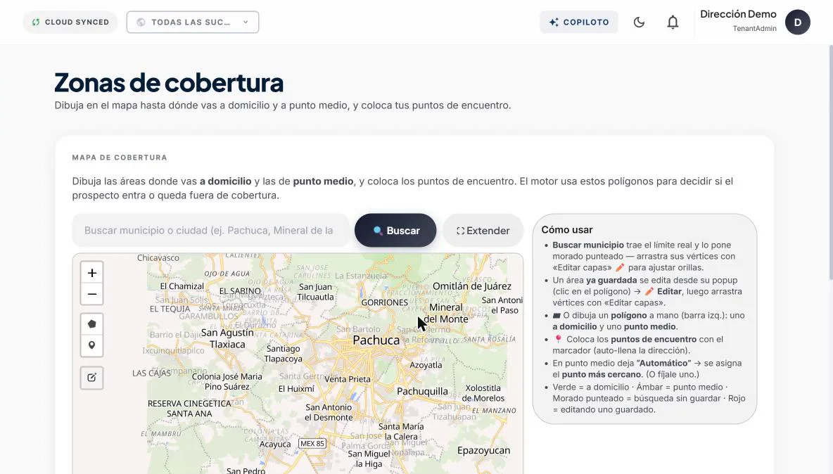Mapa de zonas de cobertura de Pachuca con herramientas para dibujar polígonos y puntos de encuentro
