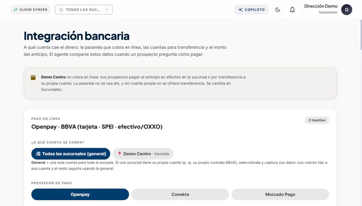 Integración bancaria: pasarela Openpay con tarjeta, SPEI y efectivo, por escuela o por sucursal