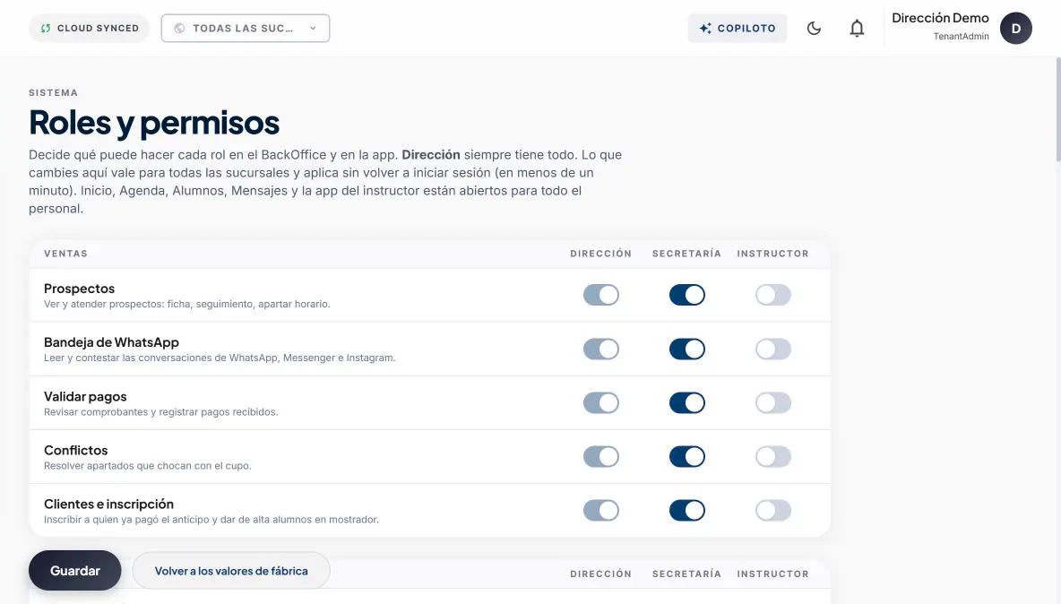 Roles y permisos: interruptores por Dirección, Secretaría e Instructor